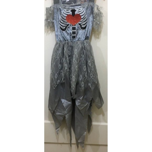 Ghost Bride Halloween Costume Girls M Spooky Skeleton Heart Dress Gothic Cosplay - Picture 2 of 9